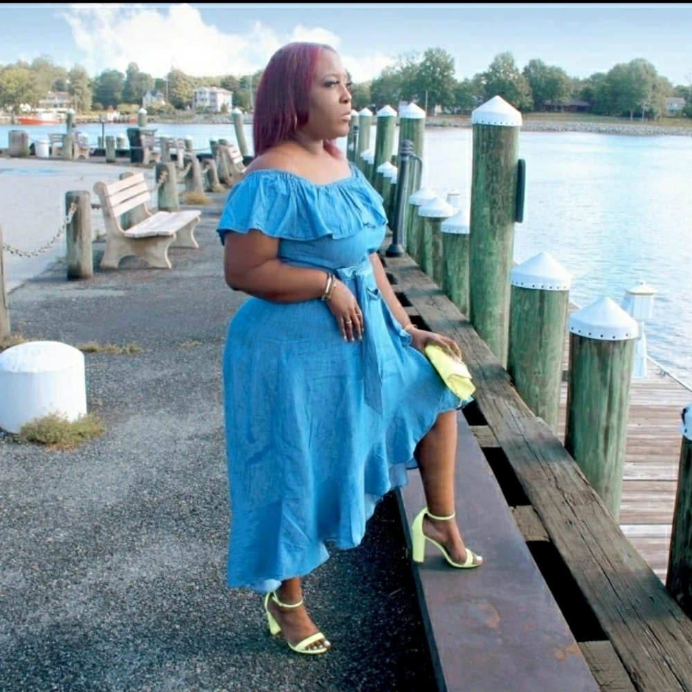 Plus size chambray Denim ruffle dress
